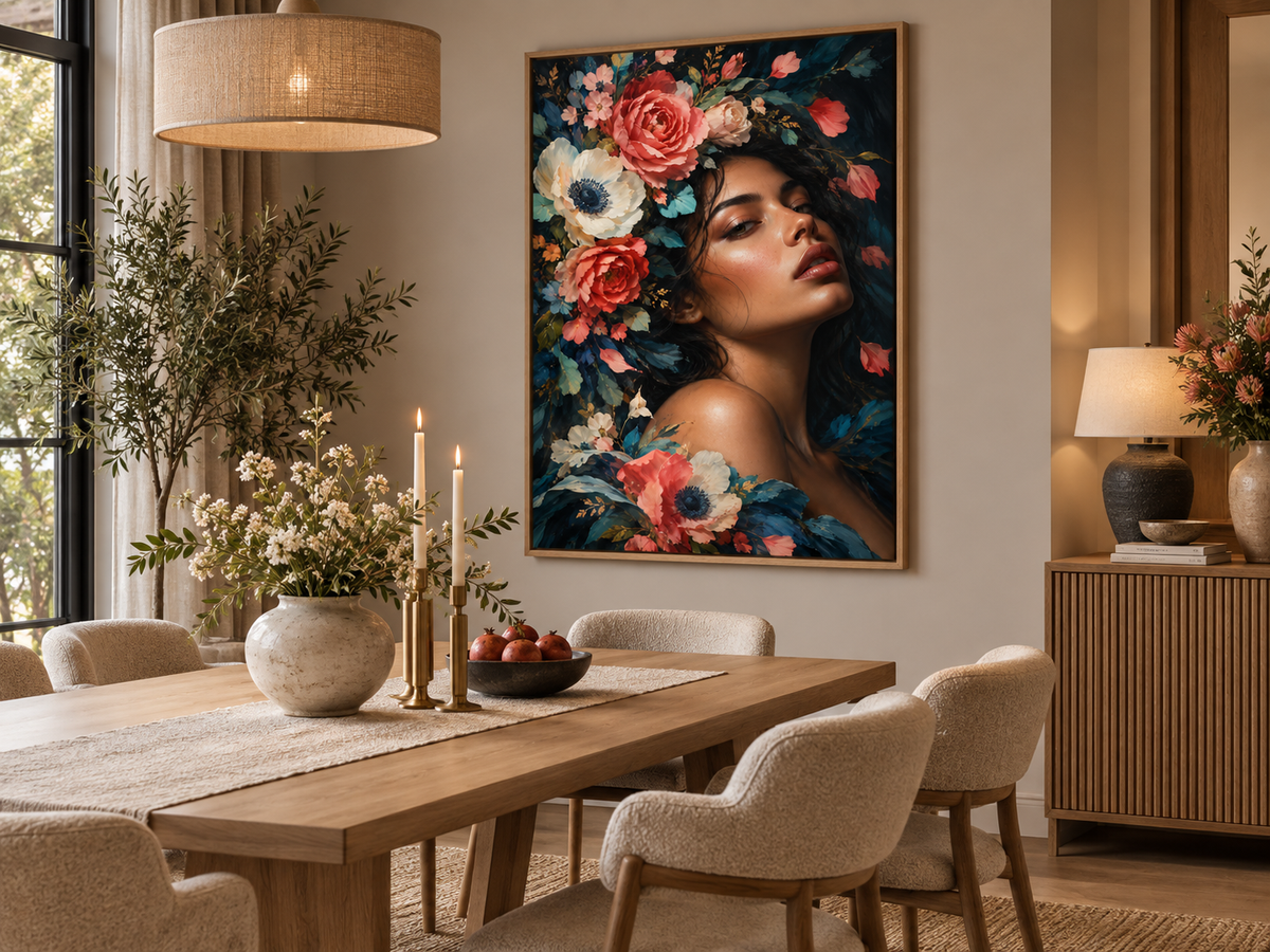 Quadro Mulher entre Flores Coral e Azul