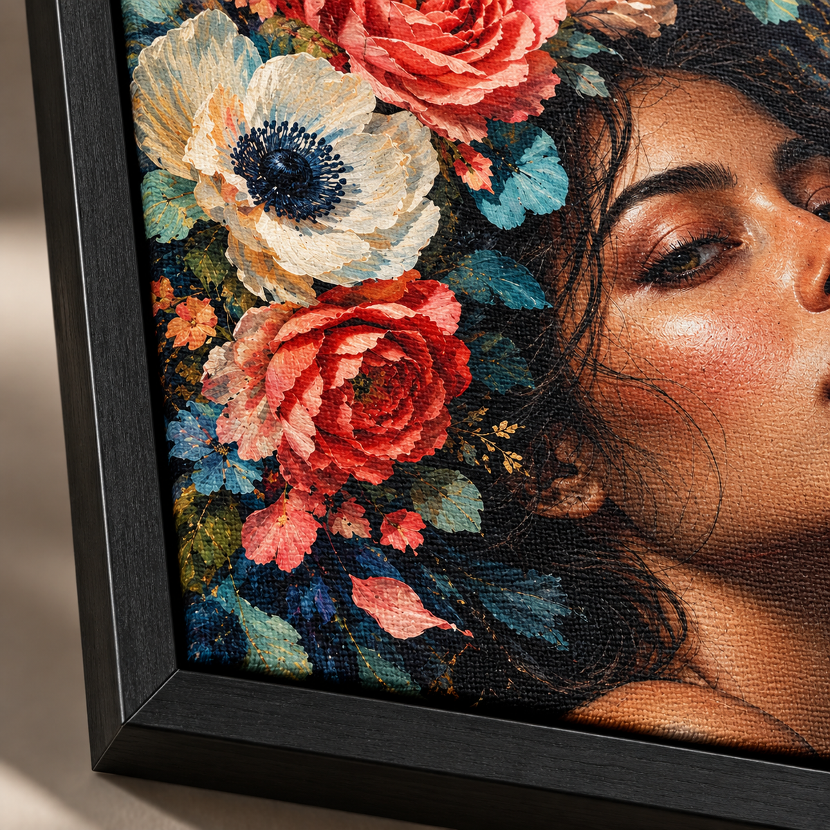 Quadro Mulher entre Flores Coral e Azul
