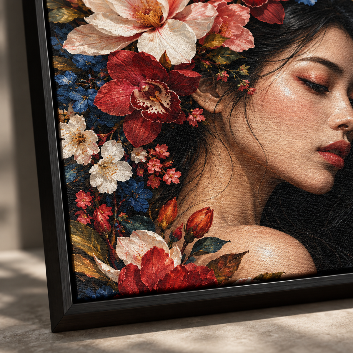 Quadro Mulher com Flores Vermelhas e Azuis
