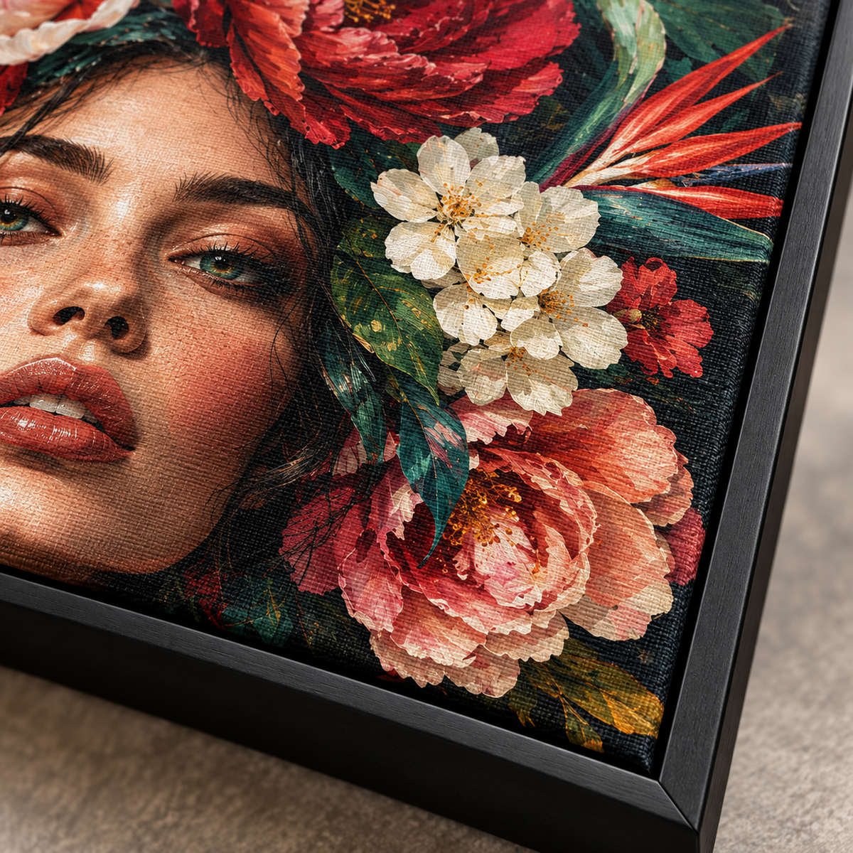 Quadro Mulher com Flores Vermelhas e Rosadas