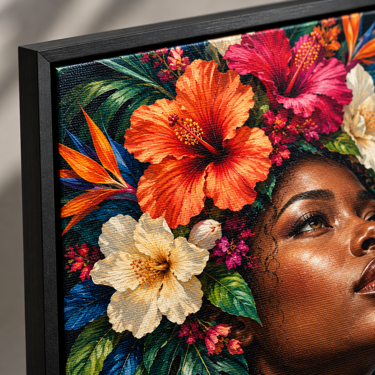 Quadro Mulher com Hibiscos Tropicais
