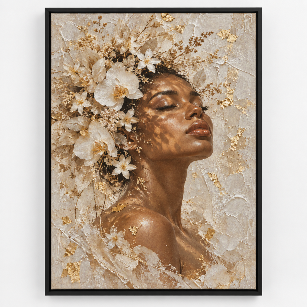 Quadro Mulher Negra com Flores Brancas e Dourado