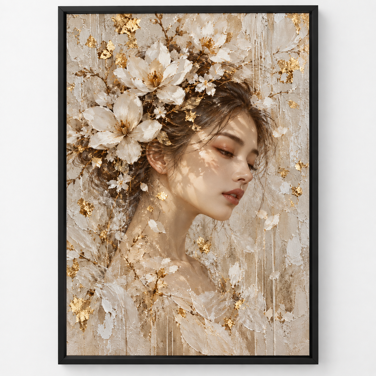 Quadro Mulher com Flores em Tons Neutros
