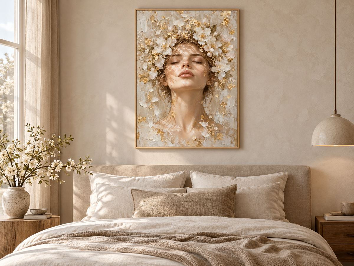 Quadro Mulher com Flores Brancas