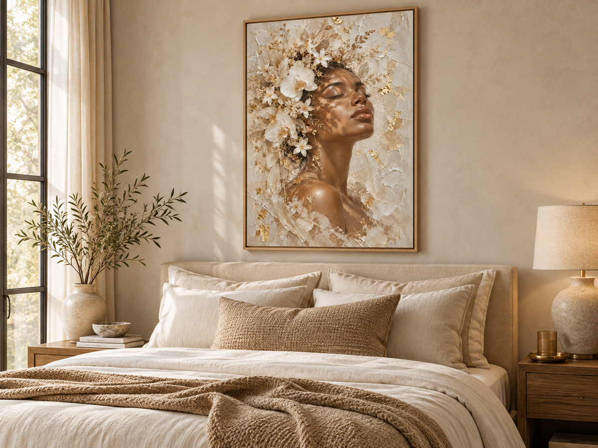 Quadro Mulher Negra com Flores Brancas e Dourado