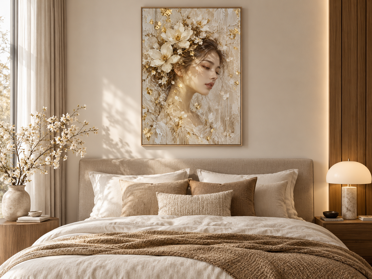 Quadro Mulher com Flores em Tons Neutros