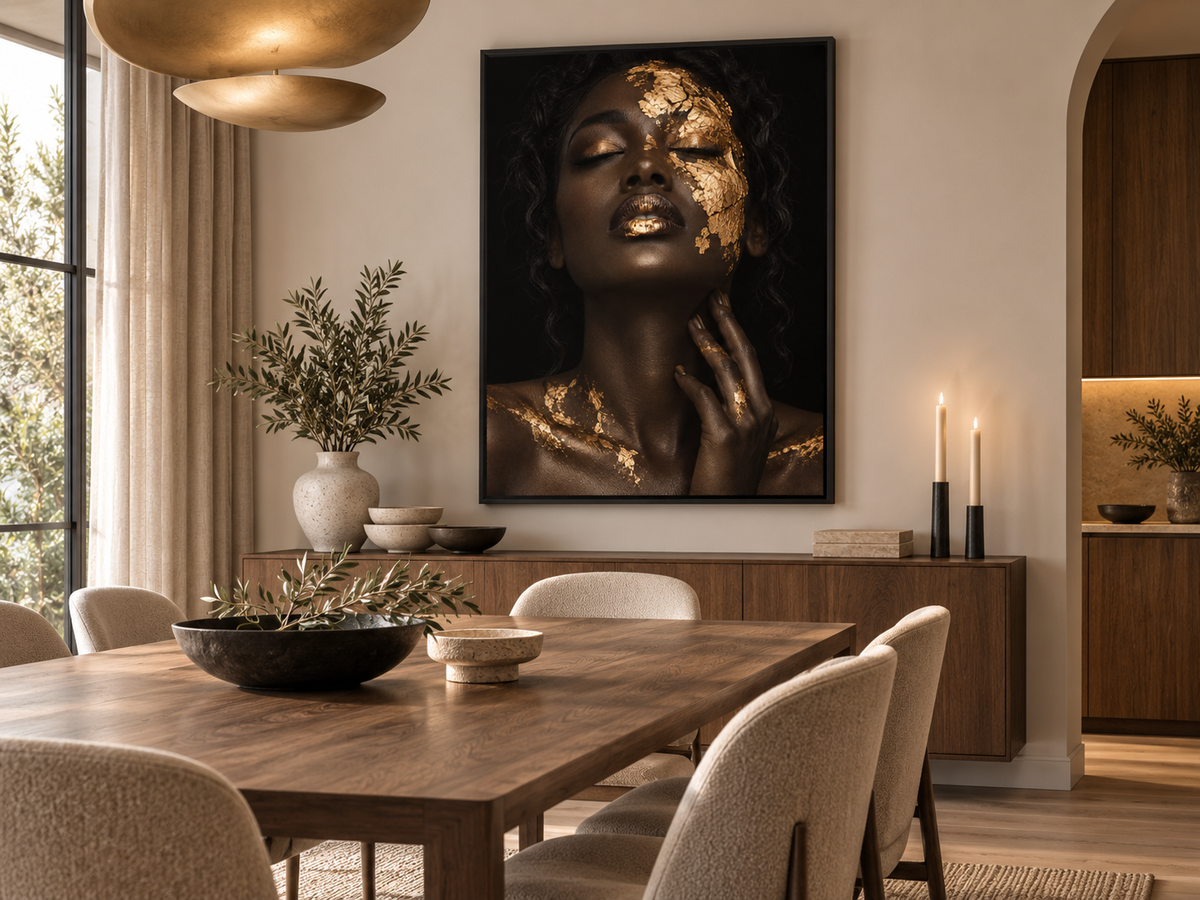 Quadro Retrato Feminino com Folhas Douradas