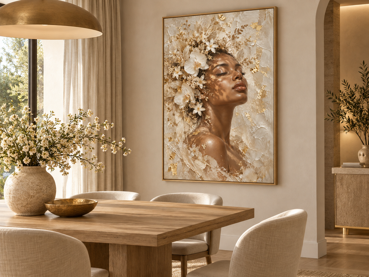 Quadro Mulher Negra com Flores Brancas e Dourado