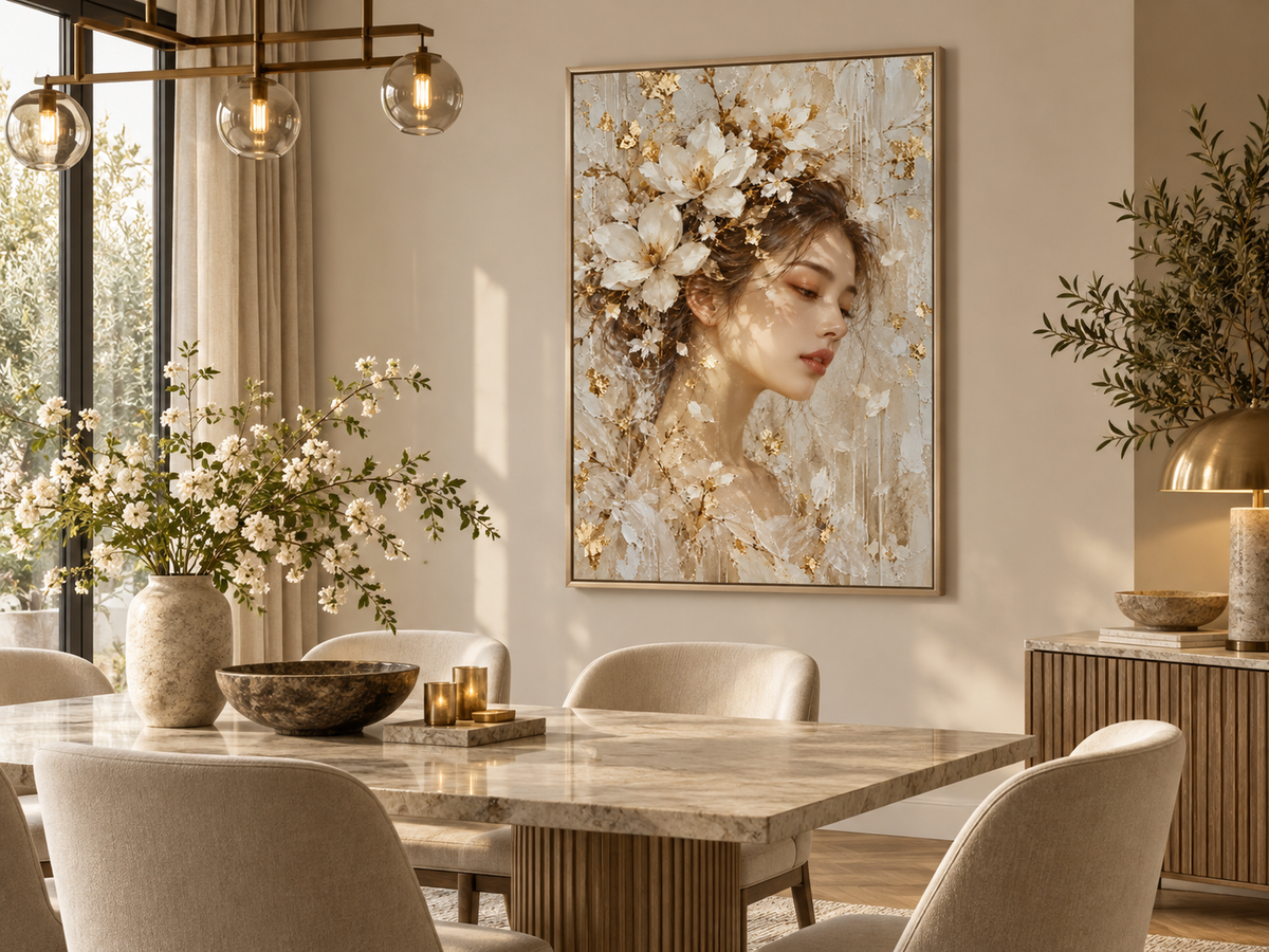 Quadro Mulher com Flores em Tons Neutros