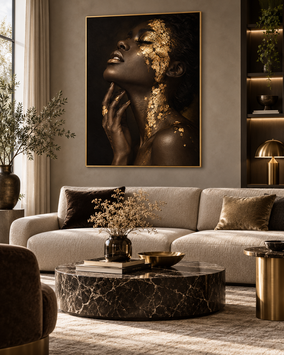 Quadro Mulher com Efeito Dourado