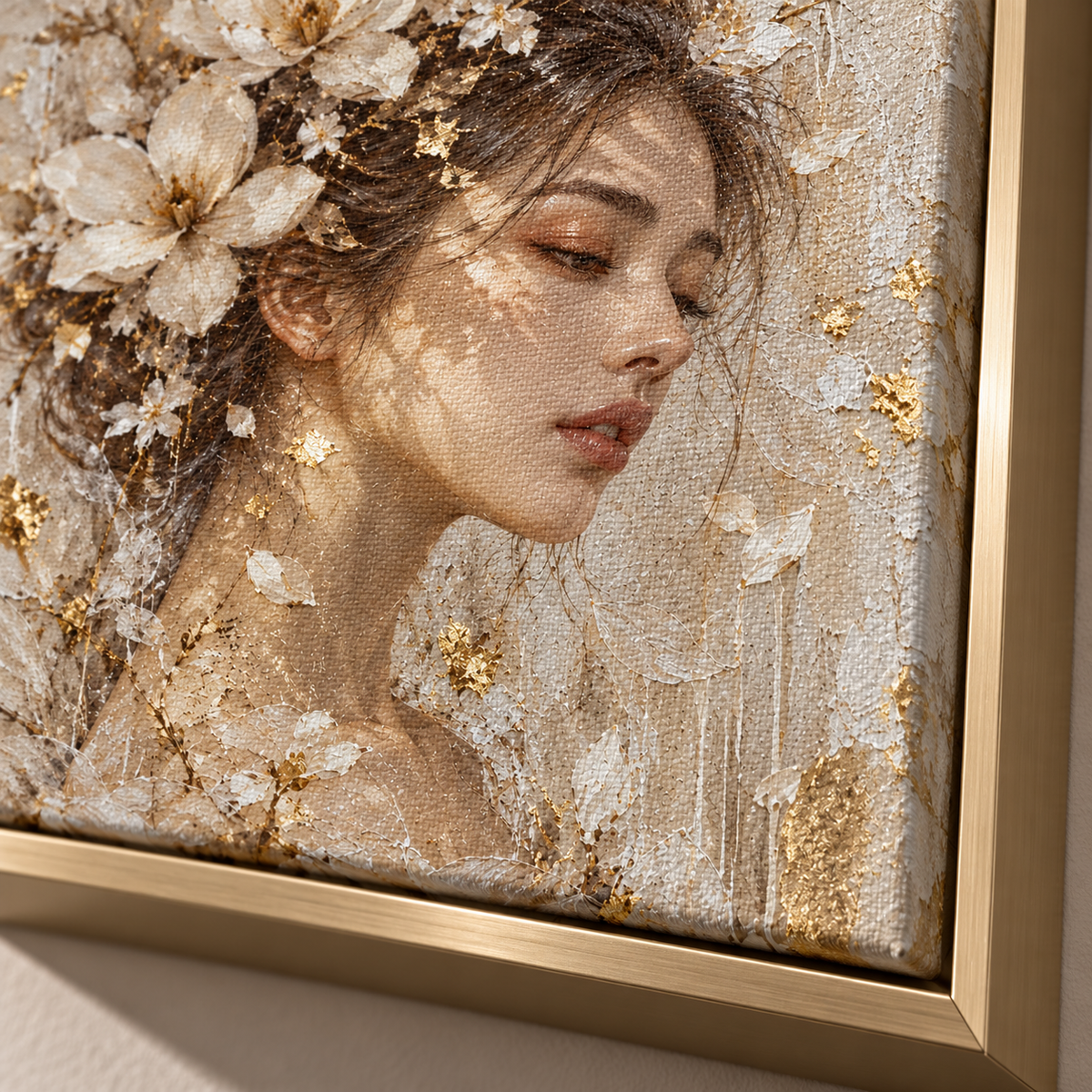 Quadro Mulher com Flores em Tons Neutros