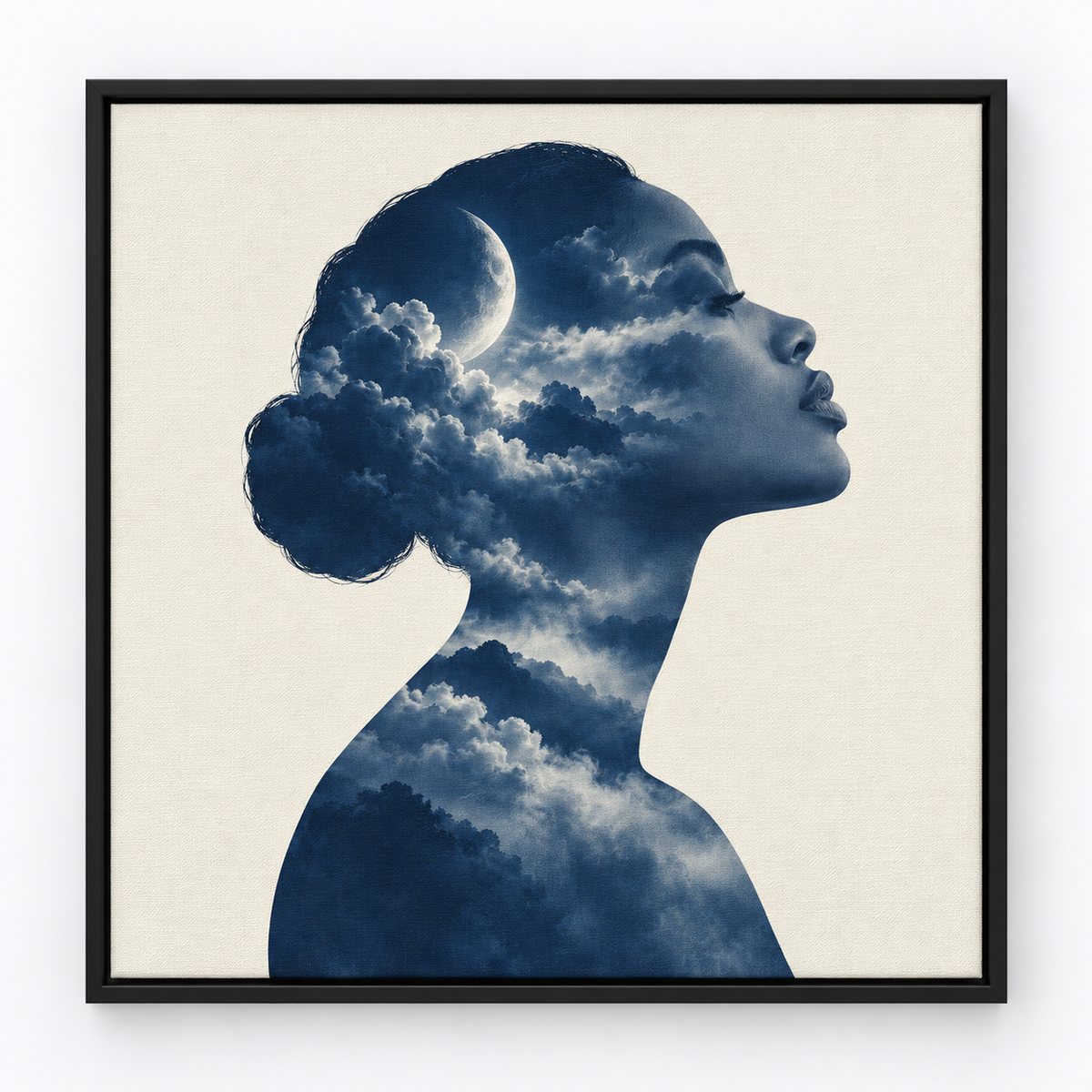 Quadro Mulher, Lua e Nuvens em Dupla Exposição