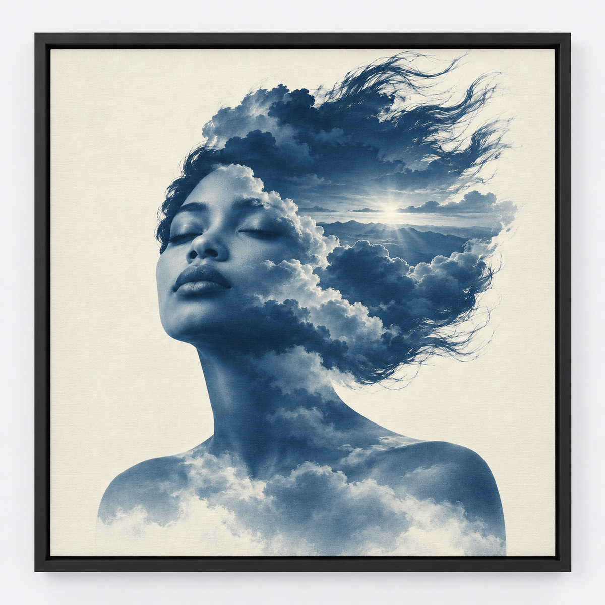 Quadro Mulher com Nuvens e Horizonte Azul
