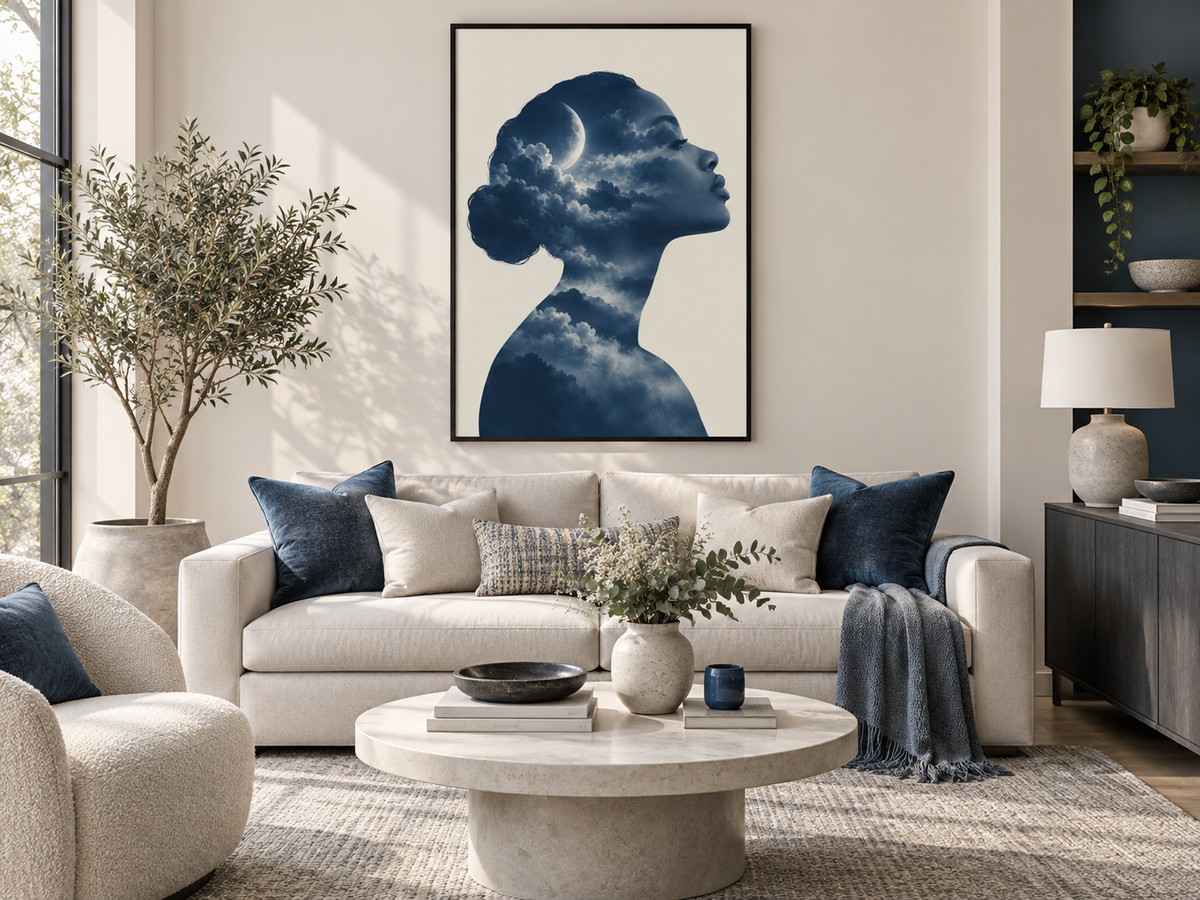 Quadro Mulher, Lua e Nuvens em Dupla Exposição