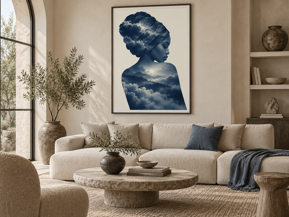 Quadro Mulher com Turbante, Nuvens e Montanhas