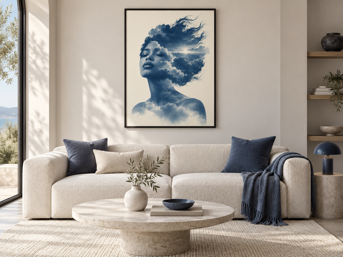 Quadro Mulher com Nuvens e Horizonte Azul