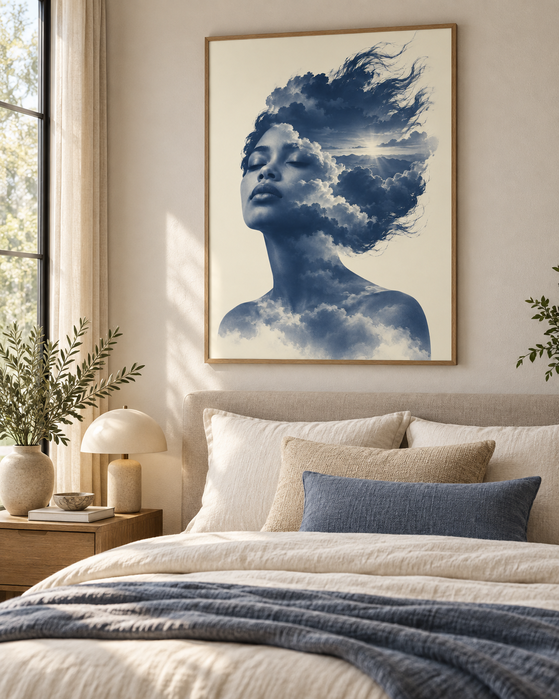 Quadro Mulher com Nuvens e Horizonte Azul