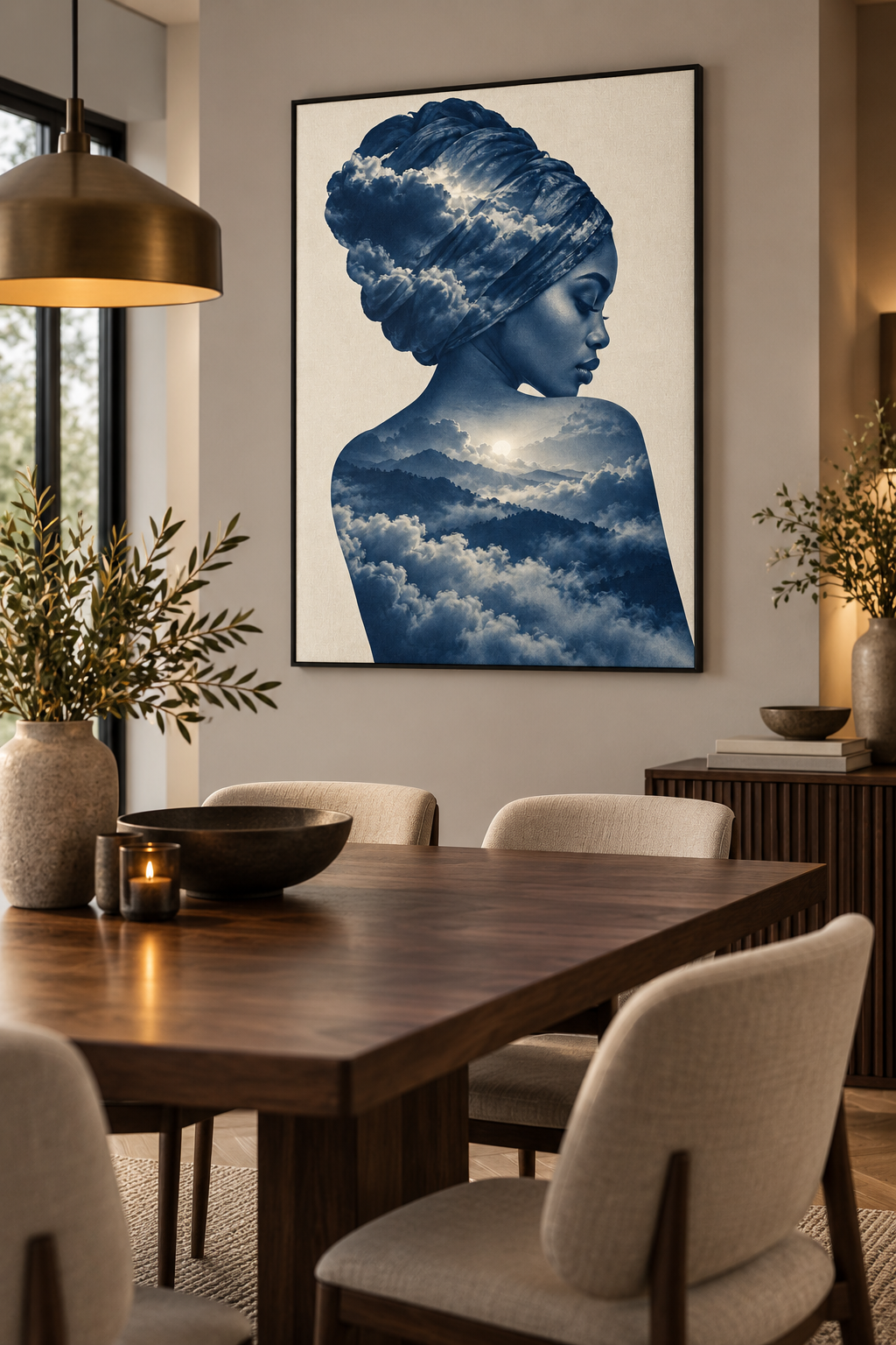 Quadro Mulher com Turbante, Nuvens e Montanhas