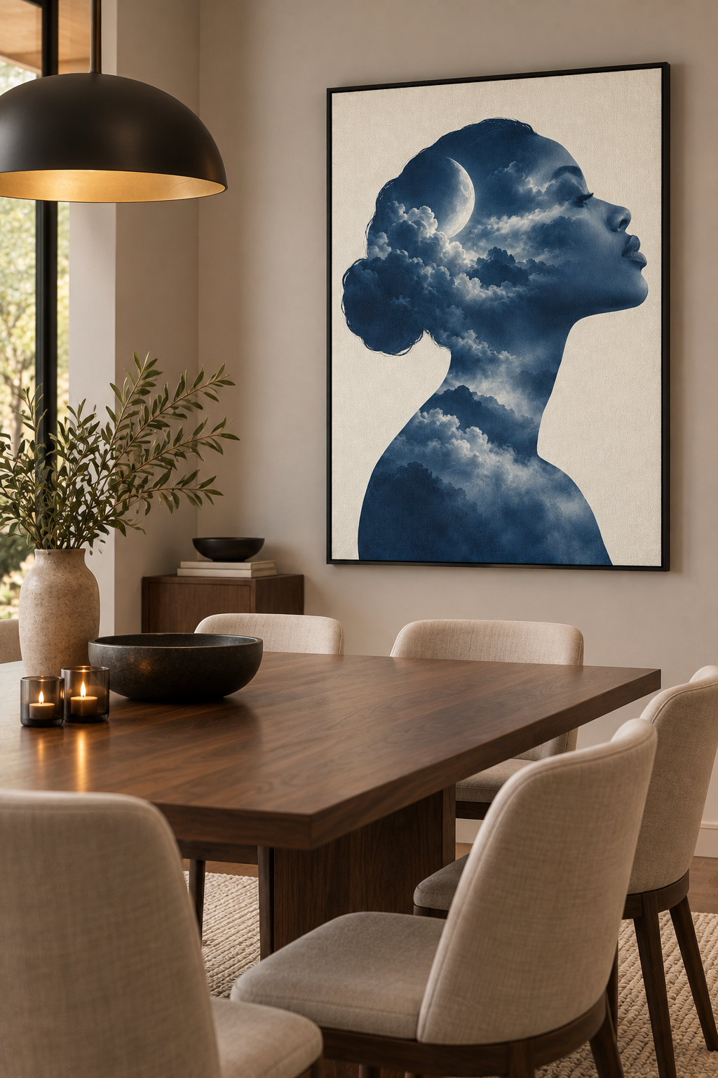 Quadro Mulher, Lua e Nuvens em Dupla Exposição