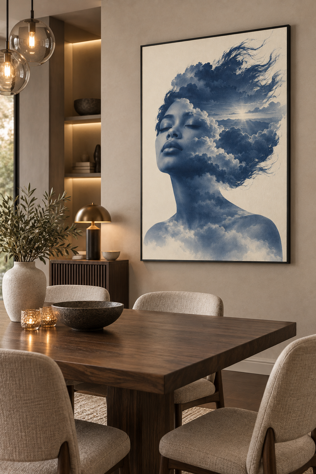 Quadro Mulher com Nuvens e Horizonte Azul