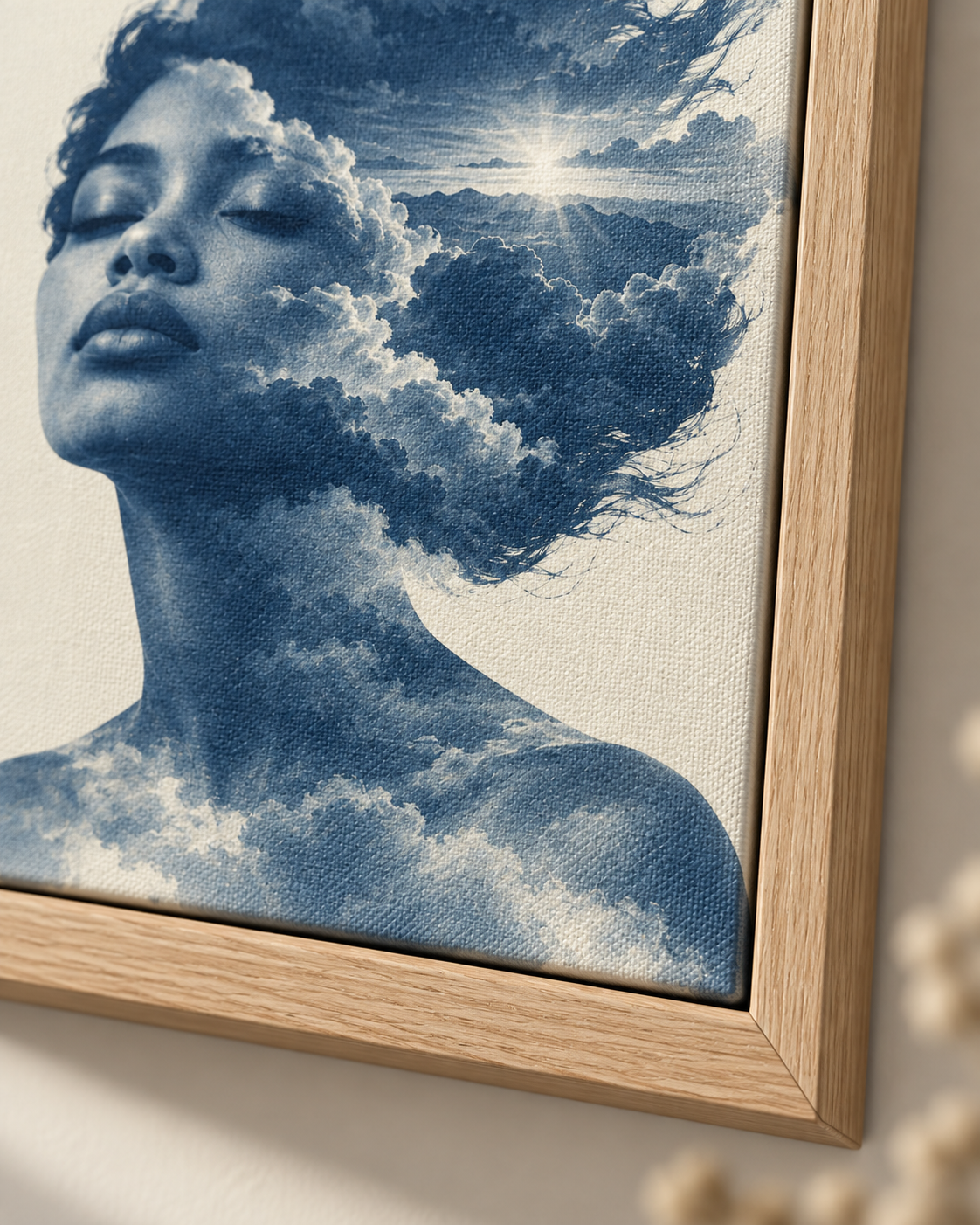 Quadro Mulher com Nuvens e Horizonte Azul