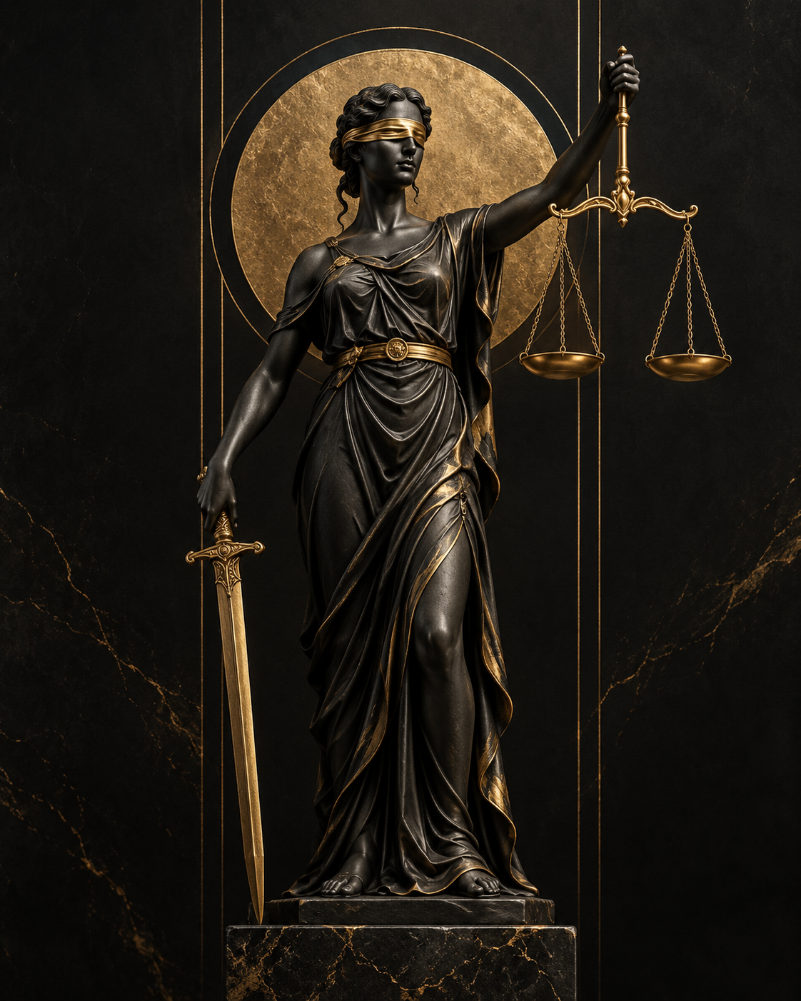 Quadro Themis – Deusa da Justiça em Preto e Dourado