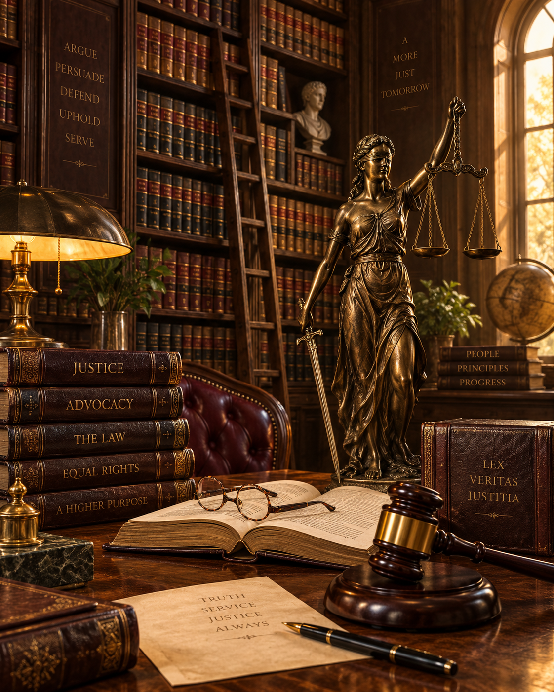 Quadro Deusa da Justiça em Biblioteca Jurídica