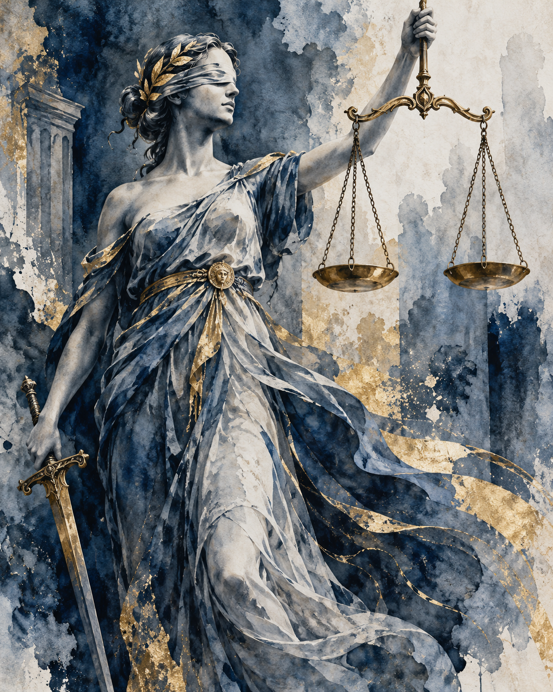 Quadro Themis em Aquarela Azul e Dourada