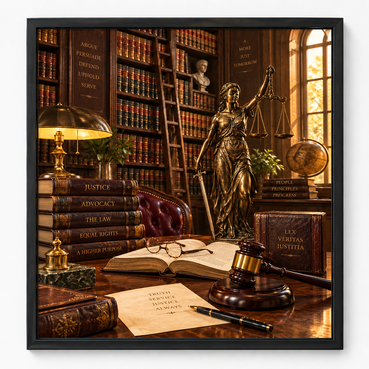 Quadro Deusa da Justiça em Biblioteca Jurídica
