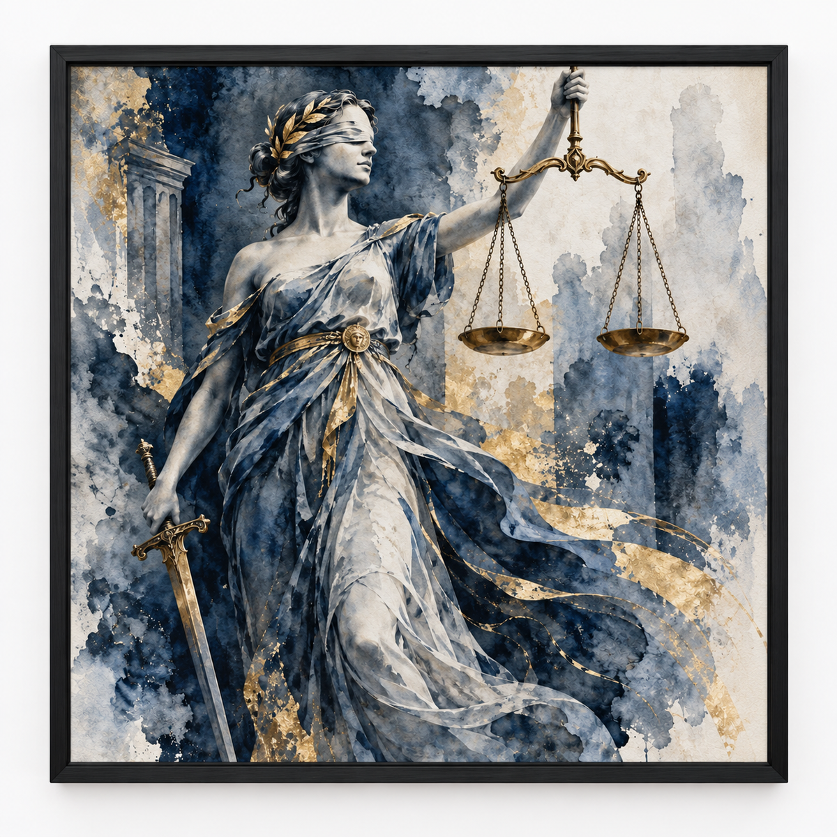Quadro Themis em Aquarela Azul e Dourada