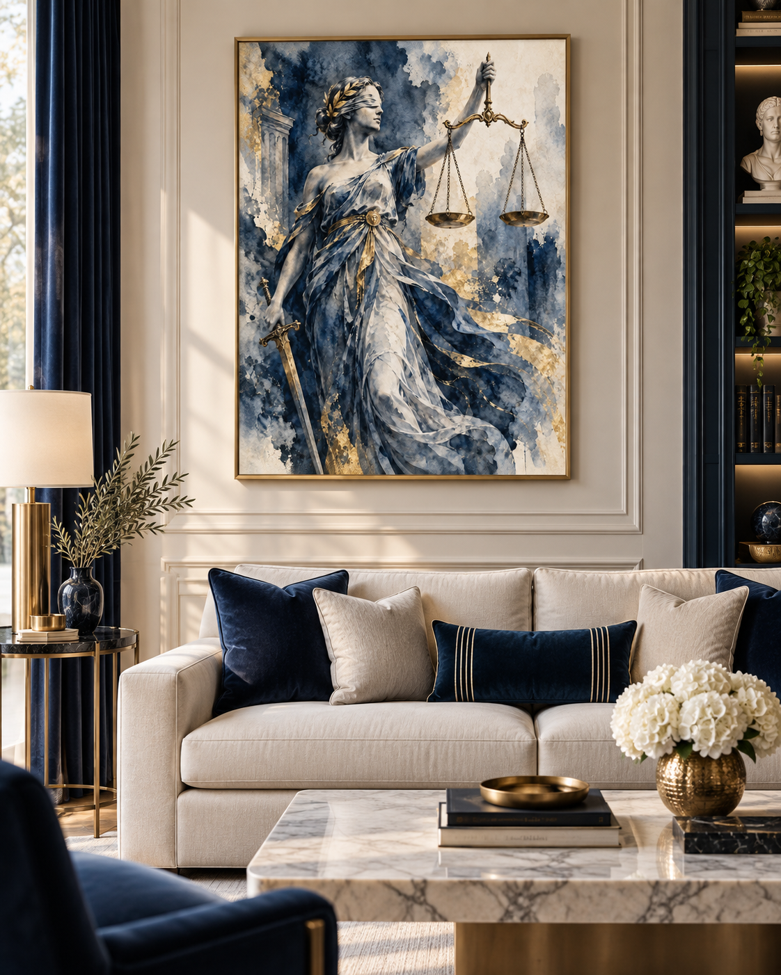 Quadro Themis em Aquarela Azul e Dourada