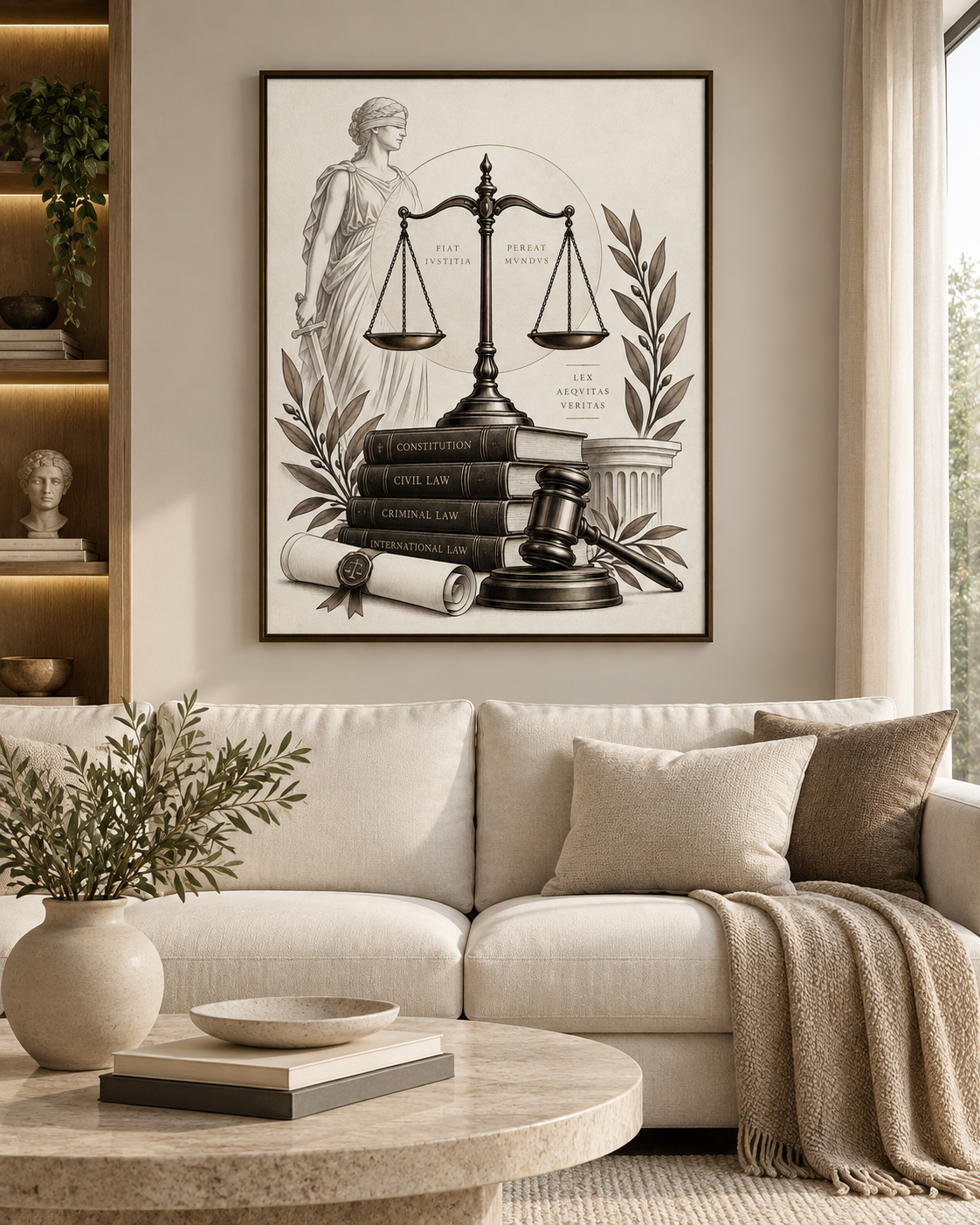 Quadro Direito Clássico com Themis, Balança e Martelo