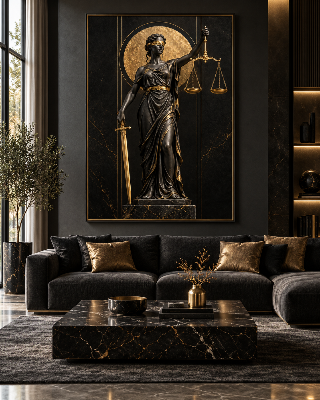 Quadro Themis – Deusa da Justiça em Preto e Dourado