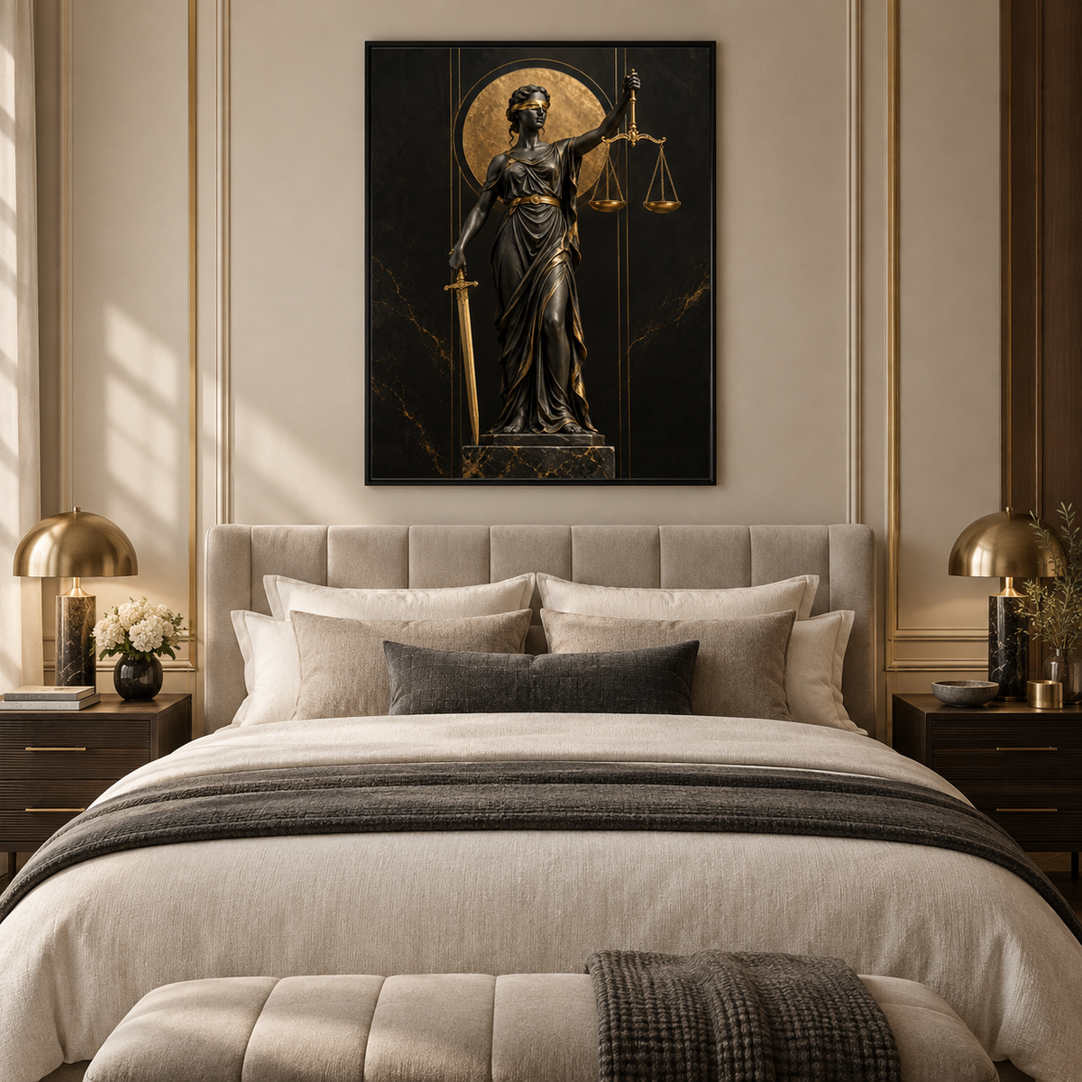 Quadro Themis – Deusa da Justiça em Preto e Dourado
