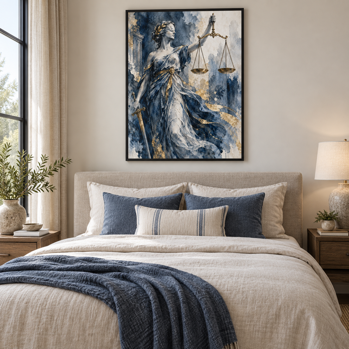 Quadro Themis em Aquarela Azul e Dourada