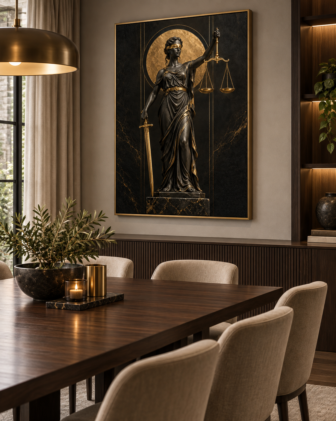Quadro Themis – Deusa da Justiça em Preto e Dourado