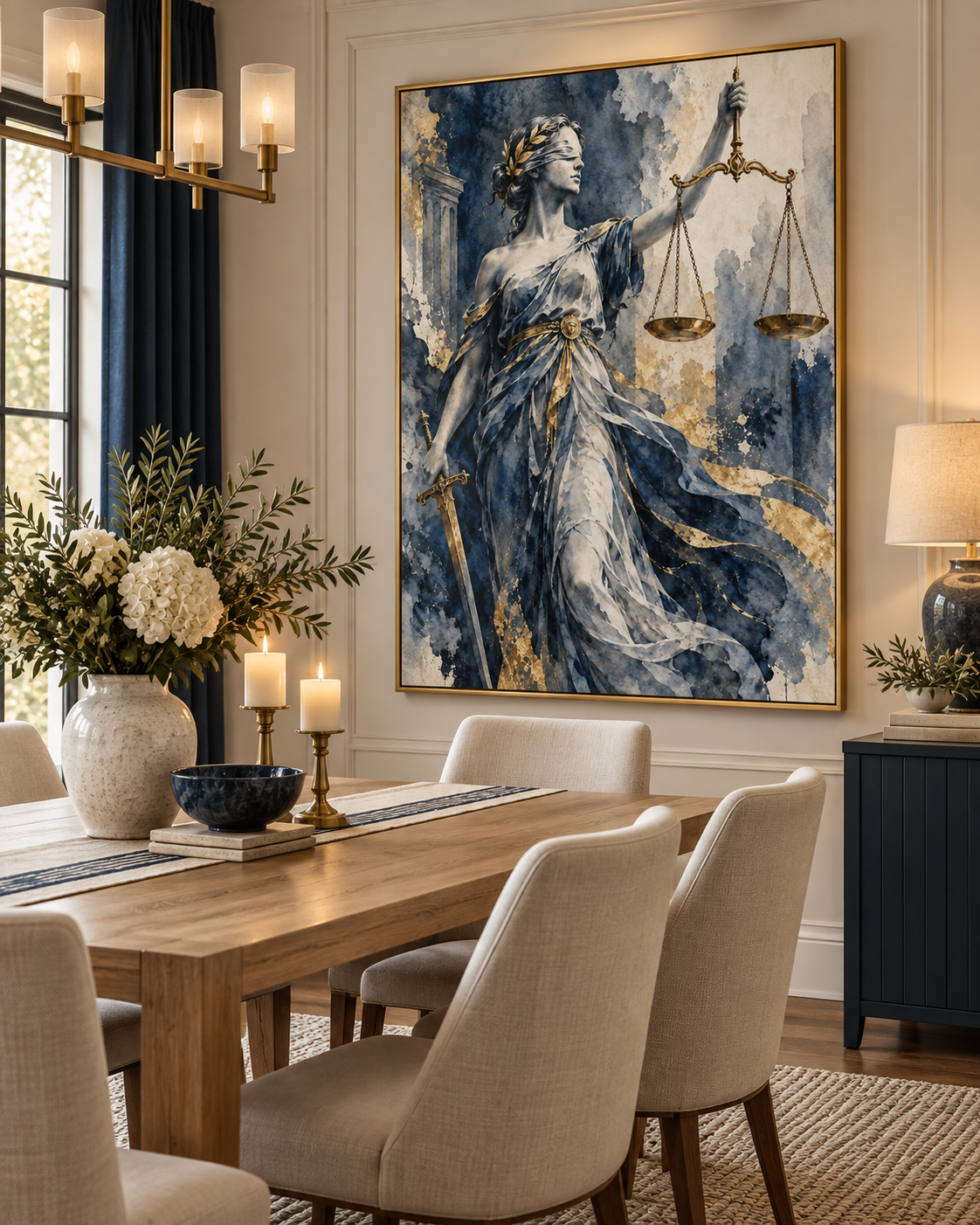 Quadro Themis em Aquarela Azul e Dourada
