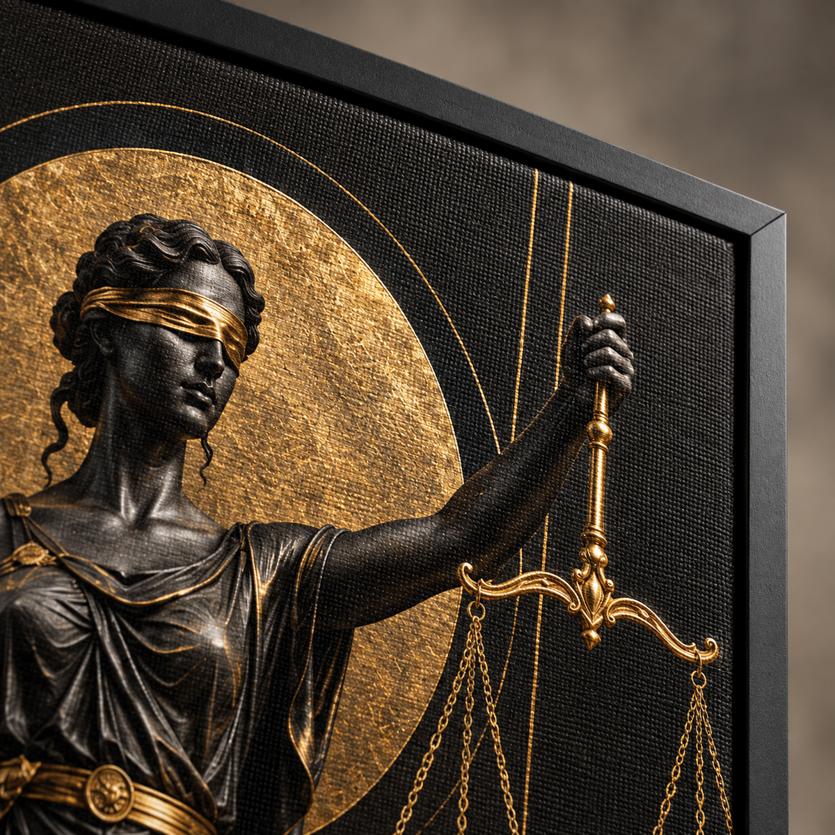 Quadro Themis – Deusa da Justiça em Preto e Dourado
