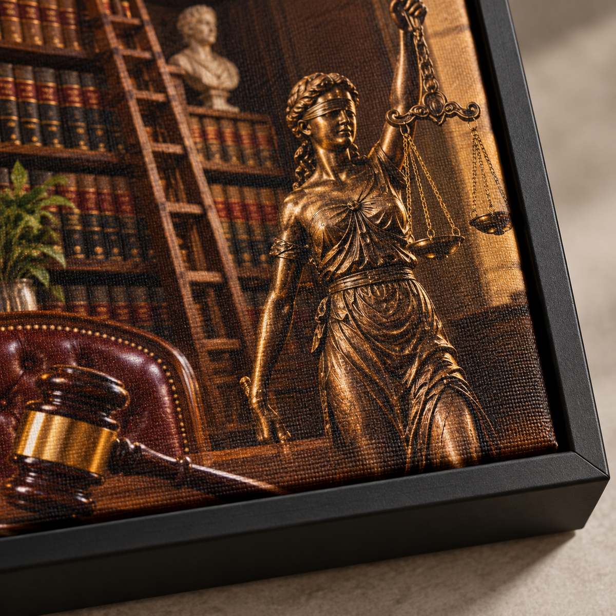 Quadro Deusa da Justiça em Biblioteca Jurídica