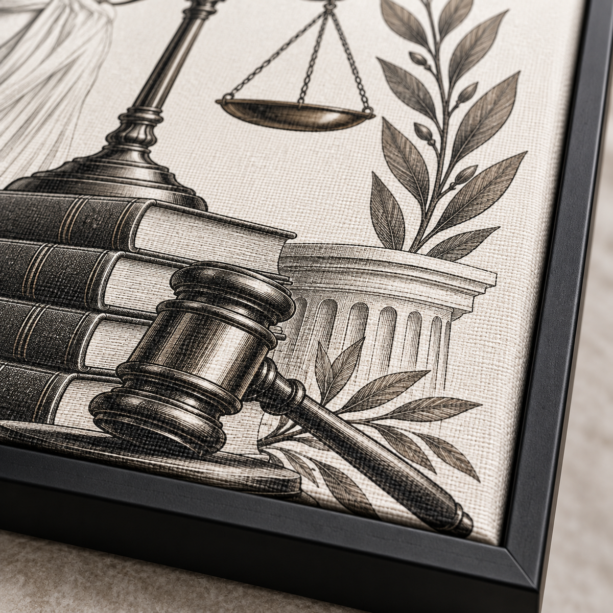 Quadro Direito Clássico com Themis, Balança e Martelo
