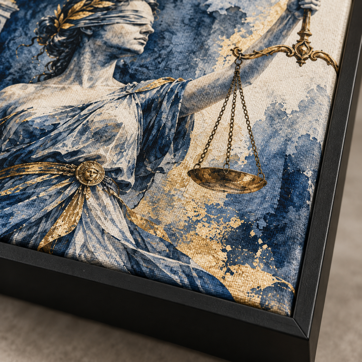 Quadro Themis em Aquarela Azul e Dourada