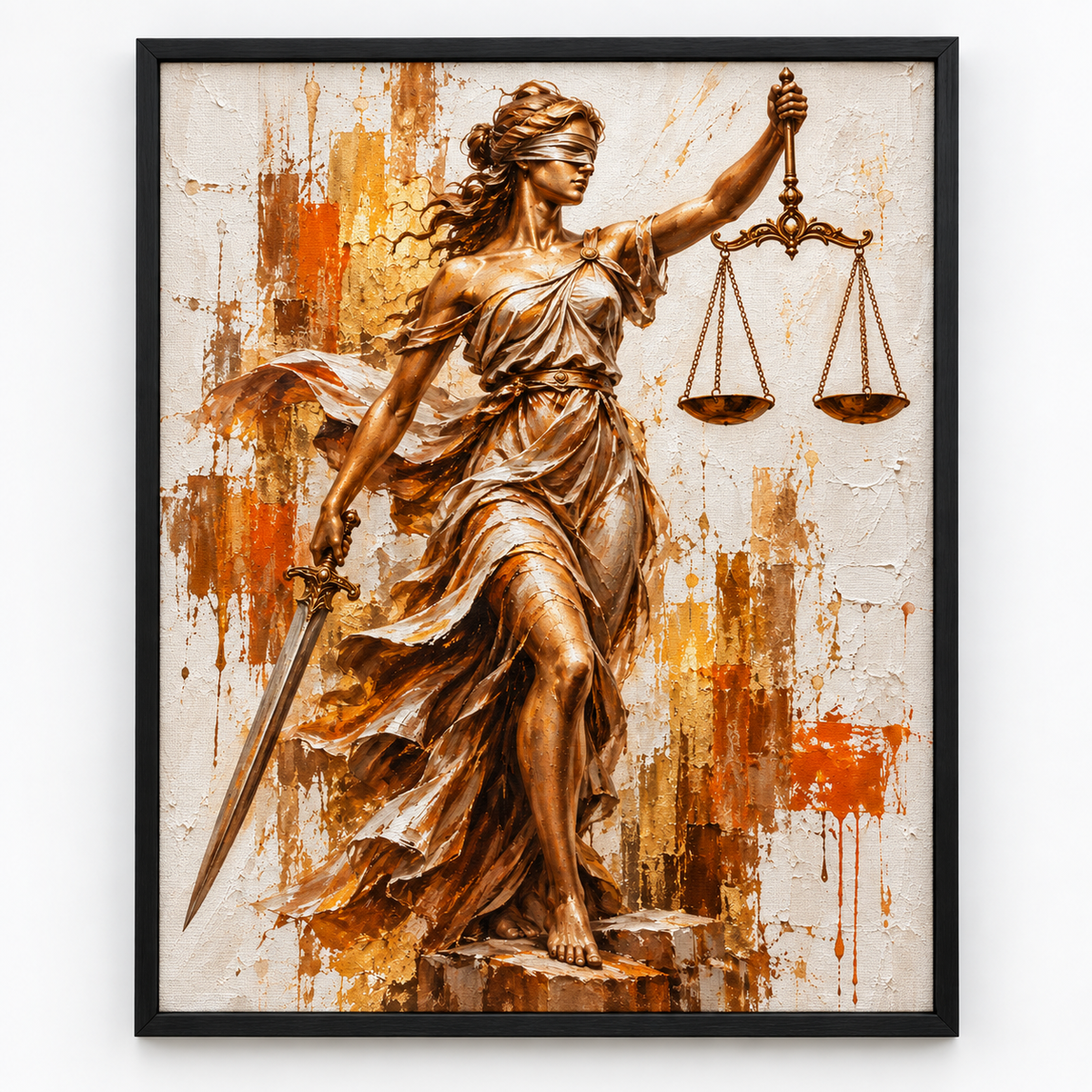 Quadro Deusa da Justiça Dourada com Balança e Espada