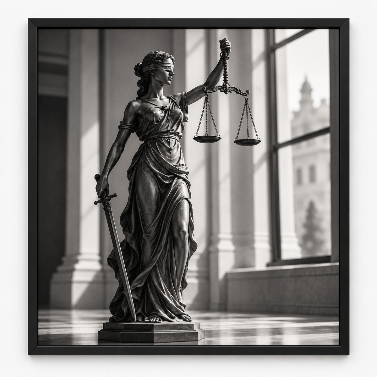 Quadro Deusa da Justiça em Preto e Branco com Balança e Espada