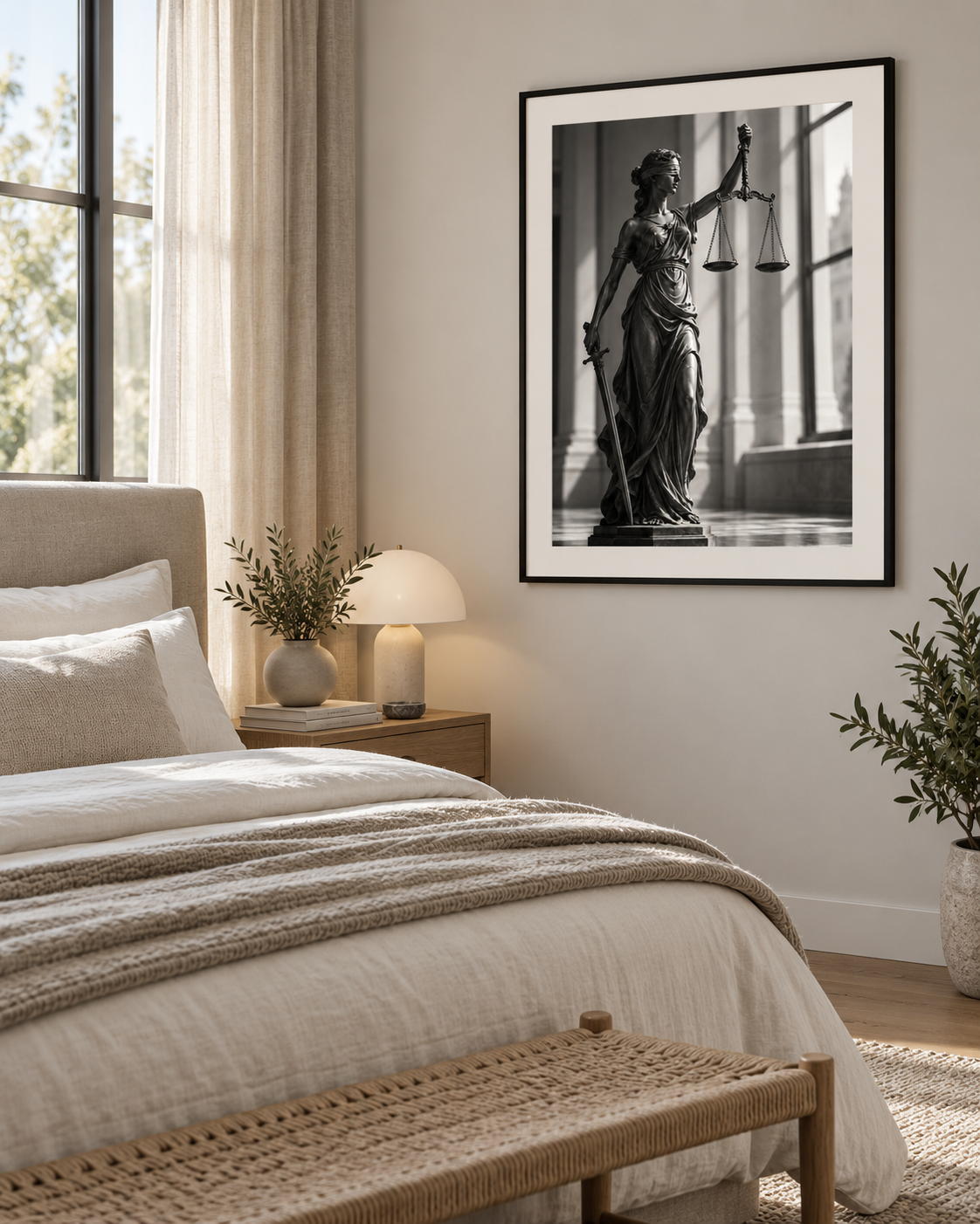 Quadro Deusa da Justiça em Preto e Branco com Balança e Espada