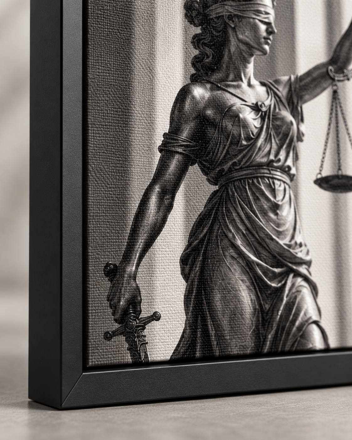 Quadro Deusa da Justiça em Preto e Branco com Balança e Espada