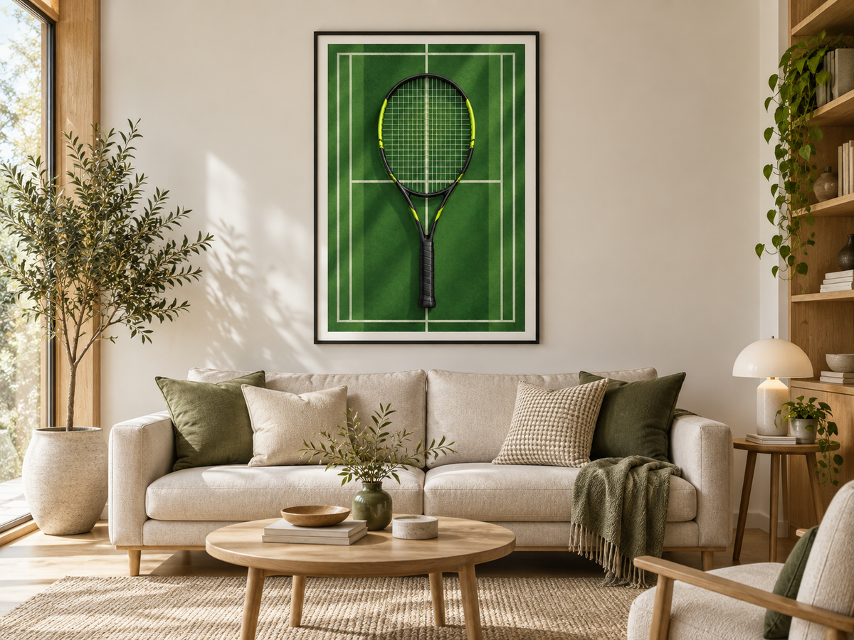 Quadro Raquete de Tênis na Quadra Verde