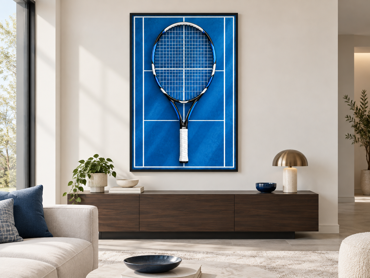 Quadro Raquete de Tênis em Quadra Azul