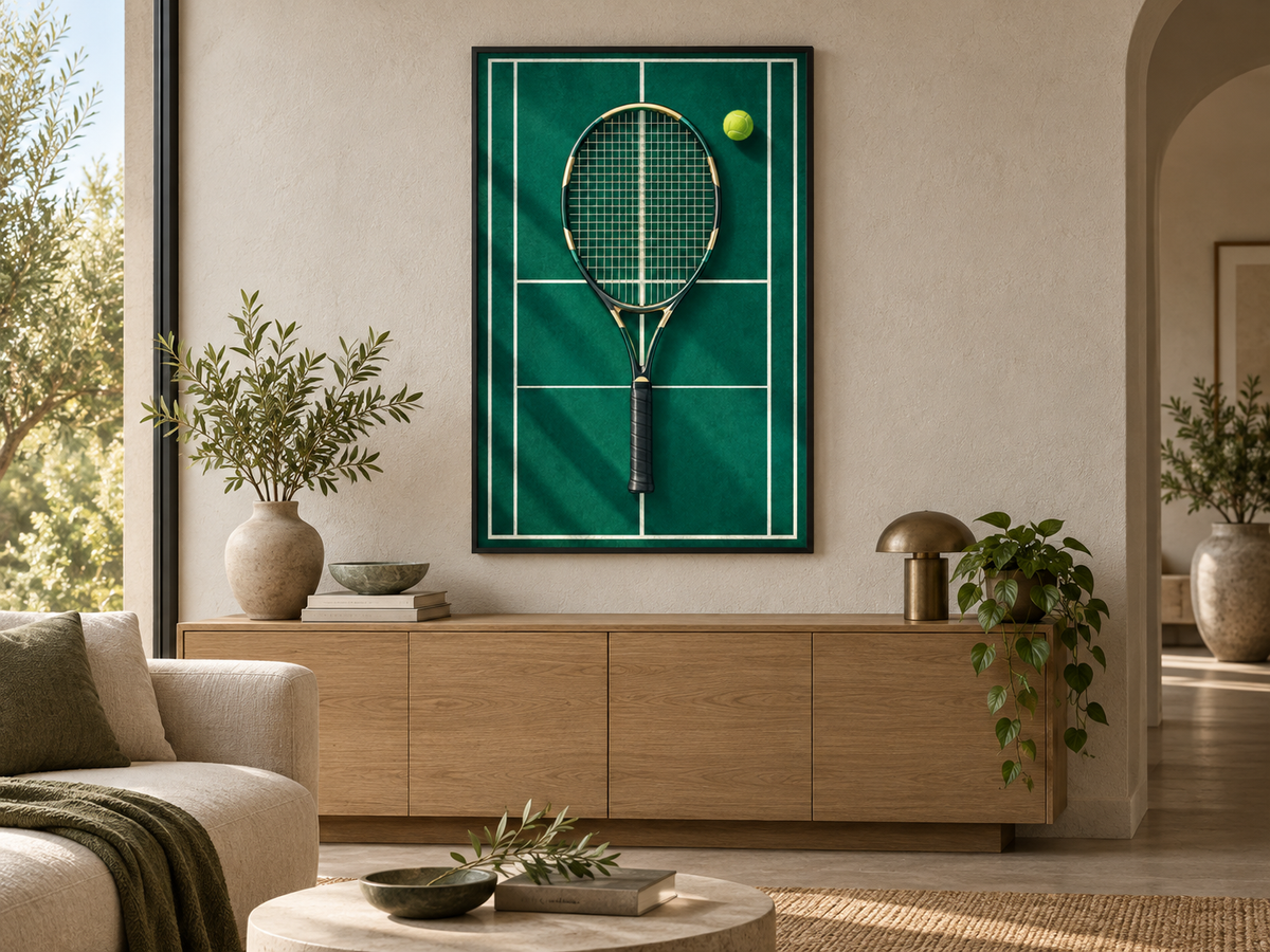 Quadro Tênis com Raquete e Bola em Quadra Verde