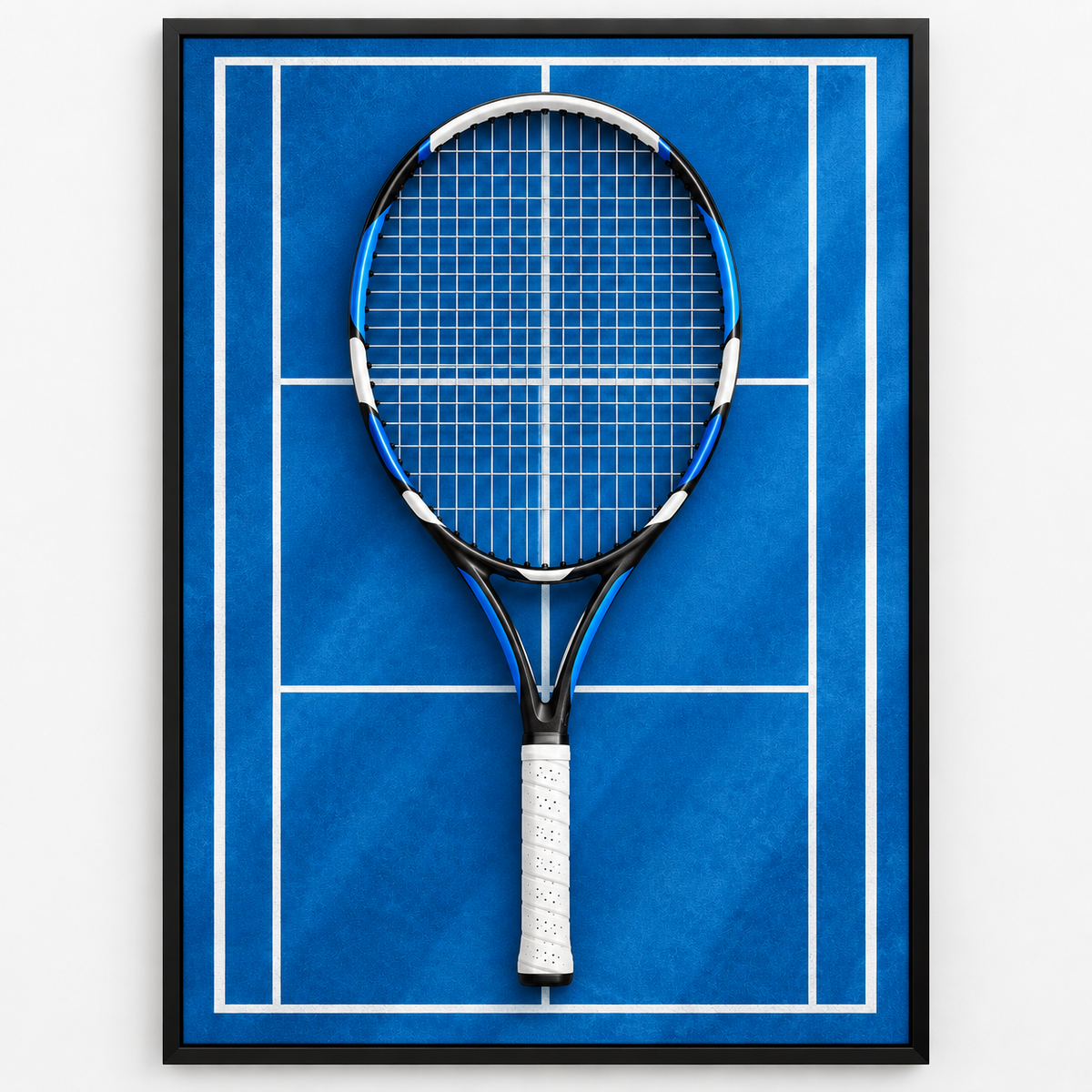 Quadro Raquete de Tênis em Quadra Azul