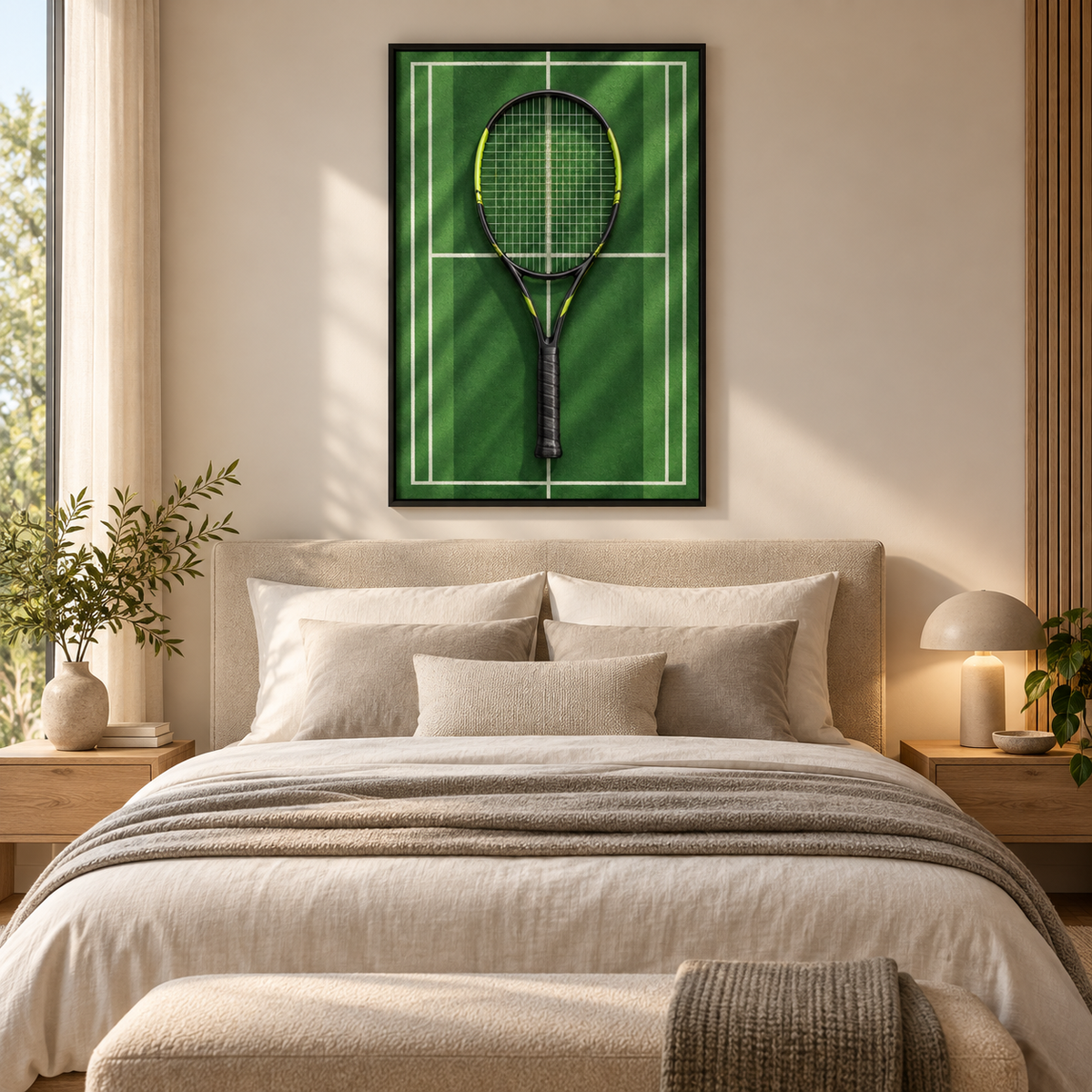 Quadro Raquete de Tênis na Quadra Verde
